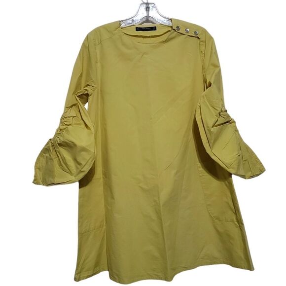 Zara Yellow Tunic Dress Shirt With Ruched Sleeves & Pockets Women's Size Small - Picture 3 of 9